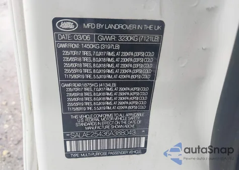 2006 Land Rover Lr3 V8 Se из США, поврежденный, VIN SALAE25436A388043